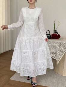DAZY Autumn Casual French Romantic Elegant Wedding Lace White Women's Long Dress Garden Party Vacation - Pearl White - View 4