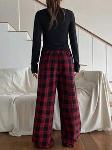 Livesso Women's Solid Color Long Sleeve Top & Plaid Pants Pajama Set Fall - Black - View 2