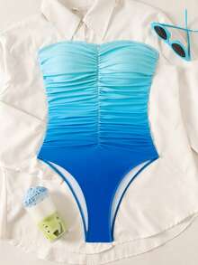 Swim Chiccia 女款純色平口抓皺連身泳衣，海灘夏季穿搭 - 彩色 - 查看 3