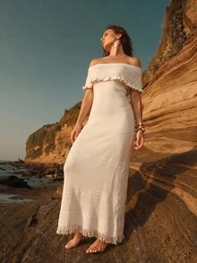 Swim Chiccia 女款修身露肩荷葉邊針織洋裝，貼身顯身材流蘇設計，純色優雅長洋裝 - 杏色 - 查看 4