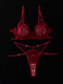 SHEIN 2件組橘色鋼圈內衣與內褲套裝，亮麗甜美風格 - 酒紅色 - 查看 6