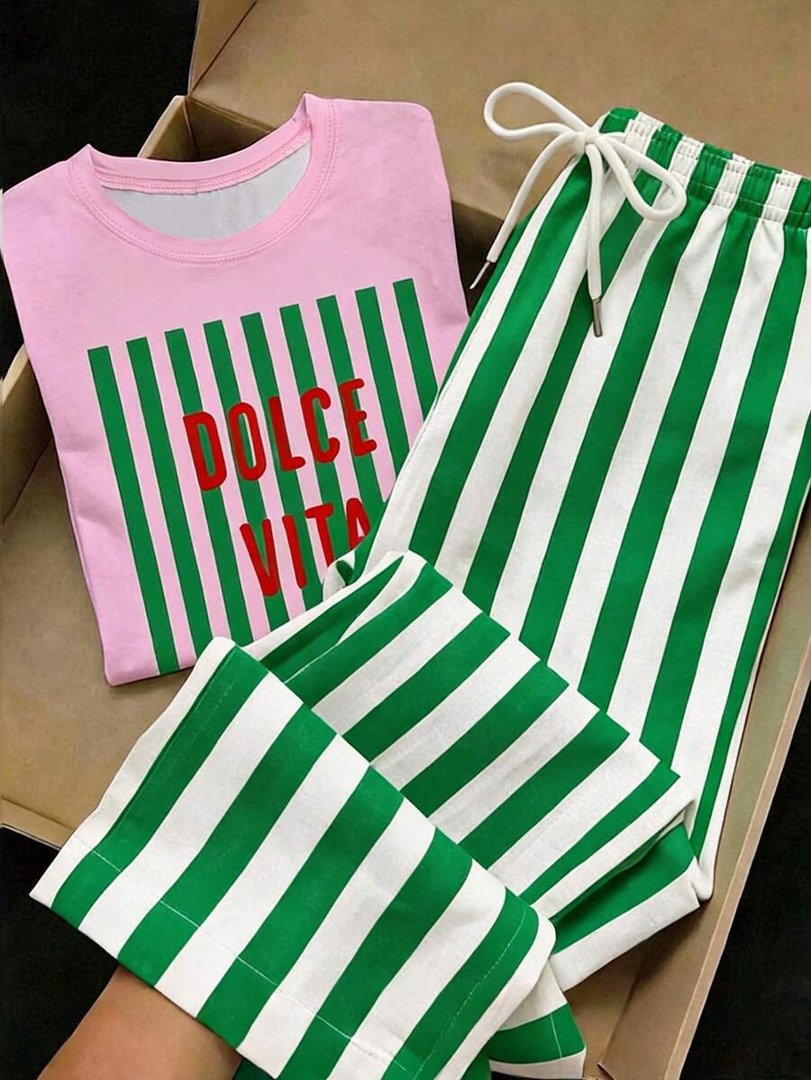 Comfortcana Women's Minimalist Letter Print Crew Neck T-Shirt And Striped Drawstring Waist Pocket Pants 2-Piece Set - Multicolor - View 1
