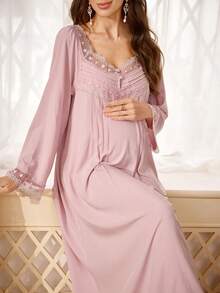 PalaceNights Court Style Loose Square Neck Embroidered Lace Maternity Long Nightgown - Dusty Pink - View 1