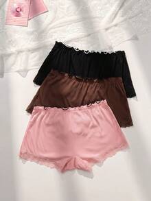 PetitDoll 3-Pack Plus Size Women's Casual Ruffled Waist Lace Trim Ribbed Boyshort Panties - Multicolor - View 2