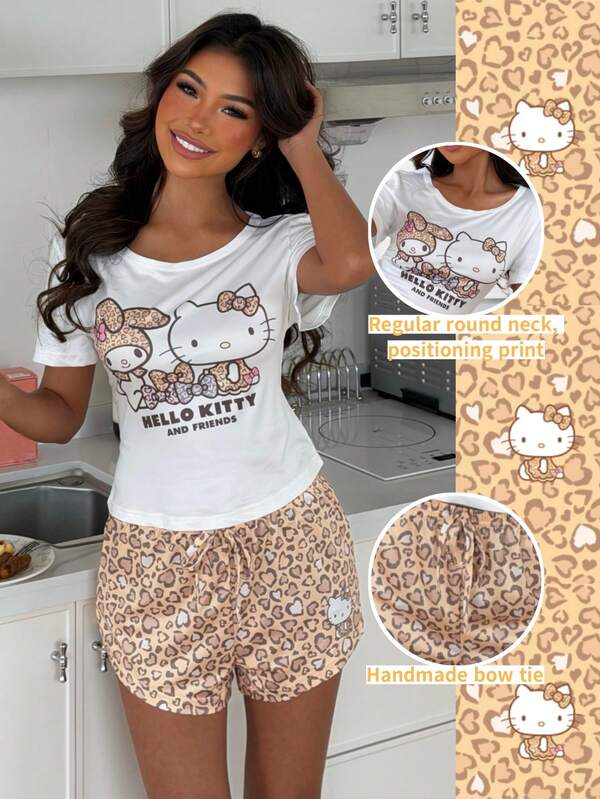 ZzzCrew HELLO KITTY AND FRIENDS | SHEIN 女款豹紋 KT Cat 修身短袖短褲睡衣套裝