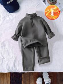 SHEIN Playful Pals 2件組少女針織運動衫套裝，單面保暖內裡半拉鍊套頭衫，休閒經典百搭淺灰色 - 深灰色 - 查看 3