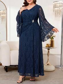Reflora Plus Size Rhinestone Decorated Lace Ruffle V-Neck Elegant Dress Wedding Evening Dinner Formal Evening Navy Blue Autumn Wedding Fall - Blue - View 6