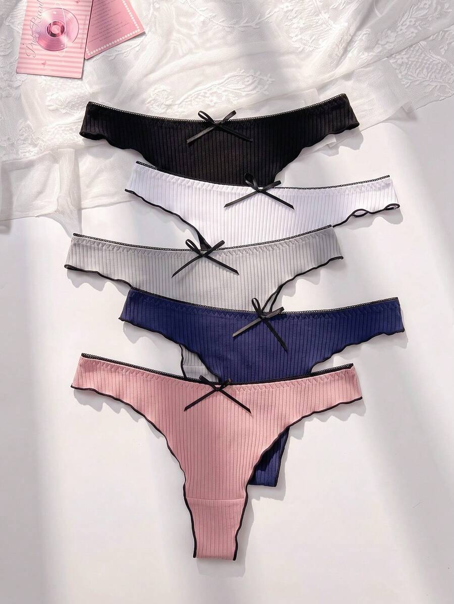 PetitDoll 5 条装 蝴蝶结装饰 生菜边 性感丁字裤 - 彩色 - 查看 1