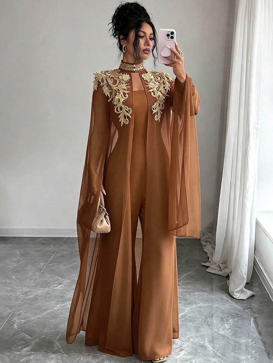 Elenzga Women's Gold Lace Shawl Jumpsuit 2 Pieces Set - Brown - View 1