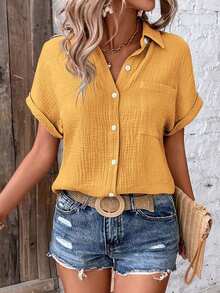 EMERY ROSE Summer Solid Color Single-Breasted Lapel Drop Shoulder Shirt Suitable For Daily Wear - Yellow - View 4
