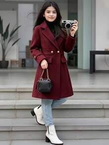 SHEIN 1件女款大衣，2合1可穿戴設計，優雅中長款大衣，適合秋冬穿搭 - 酒紅色 - 查看 4