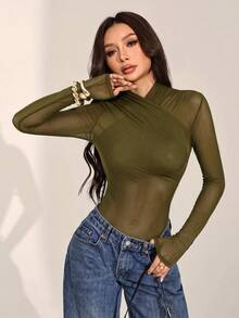 SHEIN PETITE 女款性感純色網紗包覆式連身衣，透視長袖 - 軍綠色 - 查看 10