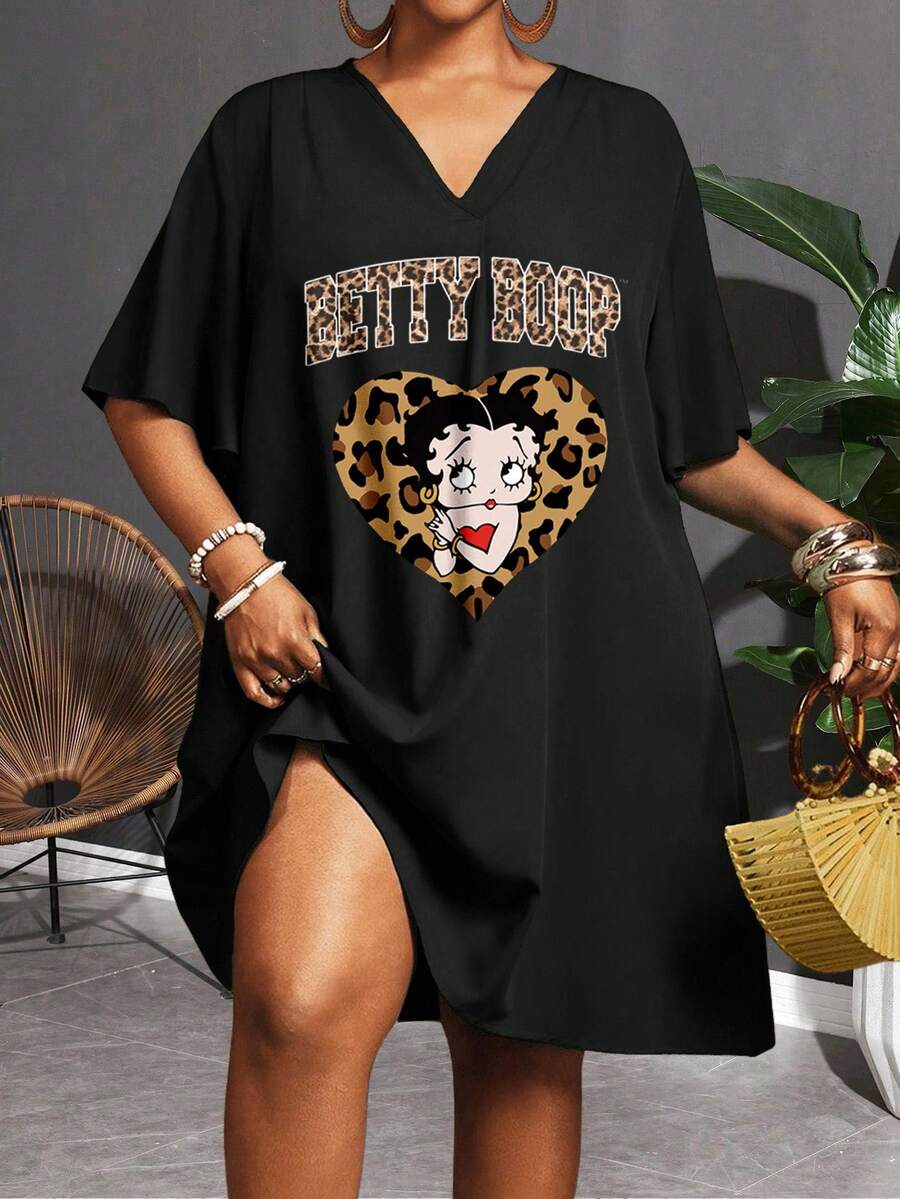 Slaydiva Betty Boop x SHEIN Plus Size Summer Casual Leopard Print Heart Cartoon Graphic Dress - Multicolor - View 1