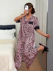 Napfluff Standard Size Women's Leopard Print Short Sleeve Lace Patchwork Nightgown, Comfortable Front Button Shirt Nightdress, Spring/Summer Wear, Cozy Home - Pink - View 3