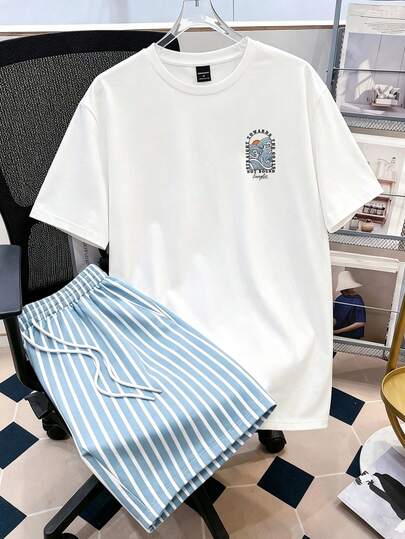 Manfinity Joysei Ensemble décontracté pour hommes avec t-shirt imprimé vague et short à taille à cordon rayé