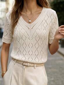 SHEIN White Shimmer Diamond Hollow V-Neck Knit Short Sleeve Full Body Texture Spring Summer Boho French Casual Goddess Vacation Brunch - Apricot - View 7
