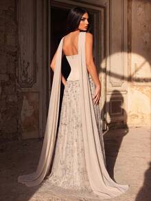 Glamrae 優雅鑽石珠飾亮片花卉網紗拼接彈性針織大裙擺掛脖雪紡洋裝，婚禮舞會正式晚宴禮服，淡粉色，冬季款 - 香檳色 - 查看 2