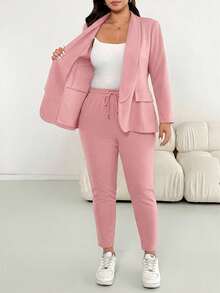 Shapeblank Plus Size Women Solid Color Long Sleeve Jacket And Pants Casual Daily 2 Pieces Set Fall - Pink - View 5