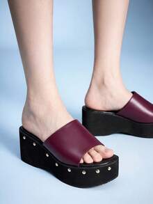 Sugerpunk Pantuflas de mujer de punta abierta con suela gruesa y remaches estilo locomotora - Burdeos - Ver 10