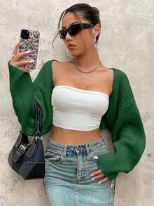 EURMUSE Y2K Grunge Drop Shoulder Open Front Crop Cardigan Without Tube Top - Green - View 7
