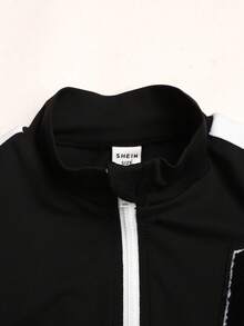 SHEIN 青少年女孩秋冬休閒運動瑜珈三件套，拼色織帶字母刺繡貼布拉鍊外套、背心與交叉腰騎行褲，黑色 - 黑色 - 查看 7