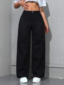 SHEIN Unity Cowgirl 大尺碼女款春季黑色無彈力修身直筒牛仔褲，女款春季 - 黑色 - 查看 6