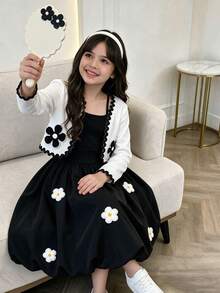 女童甜美時尚復古優雅黑色蝴蝶結針織開襟衫與白色蝴蝶結泡泡肩帶洋裝套裝 - 黑色 - 查看 4