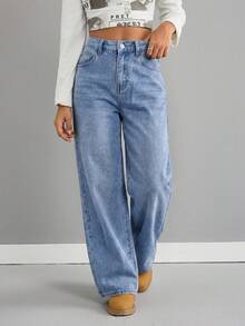 SHEIN 女童復古藍色牛仔寬鬆低腰長褲 - 淺色水洗藍 - 查看 3