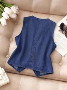 SHEIN MOD 女款亮片流蘇設計牛仔背心上衣 夏季外訪演唱會派對穿搭 藍色 性感 - 深色水洗藍 - 查看 2