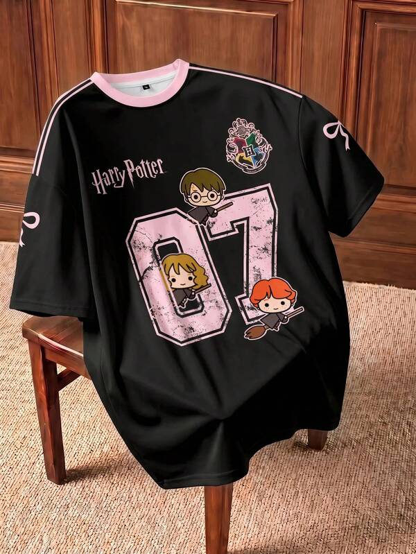 HARRY POTTER X SHEIN Camiseta de Manga Curta com Gola Redonda, Estampa Numérica e Cartoon, Casual de Verão Plus Size