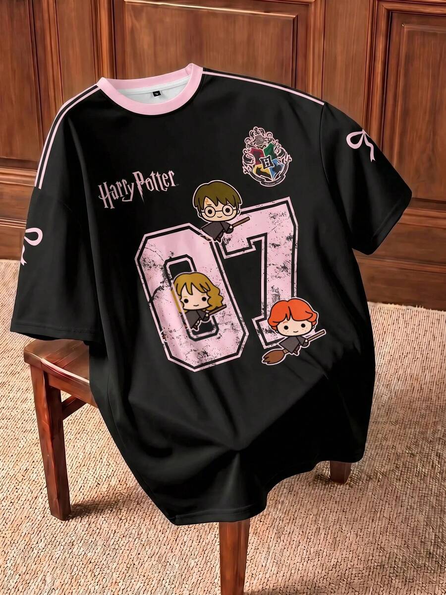 HARRY POTTER X SHEIN Plus Size Summer Casual Numeric & Cartoon Graphic Round Neck Short Sleeve T-Shirt - White - View 1