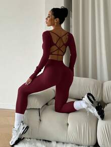 Slayform Slayform Sexy Long Sleeve Pants Set Cross Strap Seamless Knit Women's Sports Outfit - Burgundy - View 1