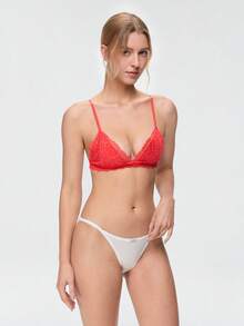 Bonmuse Lencería de novia de temporada navideña, sujetador de triángulo francés para mujer, con encaje floral, suave y sin costuras, sujetador sexy rojo para busto pequeño - Rojo - Ver 4