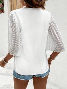 EMERY ROSE Loose Fit Mesh Contrast V-Neck Shirt - White - View 2