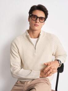 Manfinity Homme 男士素色插肩袖長袖拉鍊設計休閒毛衣 - 米色 - 查看 7