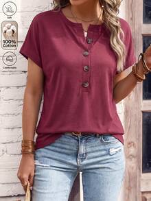 Zayélia Kaos Henley warna Dusty Rose lengan pendek, kancing sebagian di bagian depan, potongan longgar. Kasual untuk liburan musim panas. - Merah - View 5