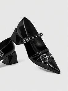 ROMWE Grunge Punk Elegant Pointed Toe Chunky Heel Lacquer Leather Pumps For Christmas Y2K 2000s Style - Love Black - View 10