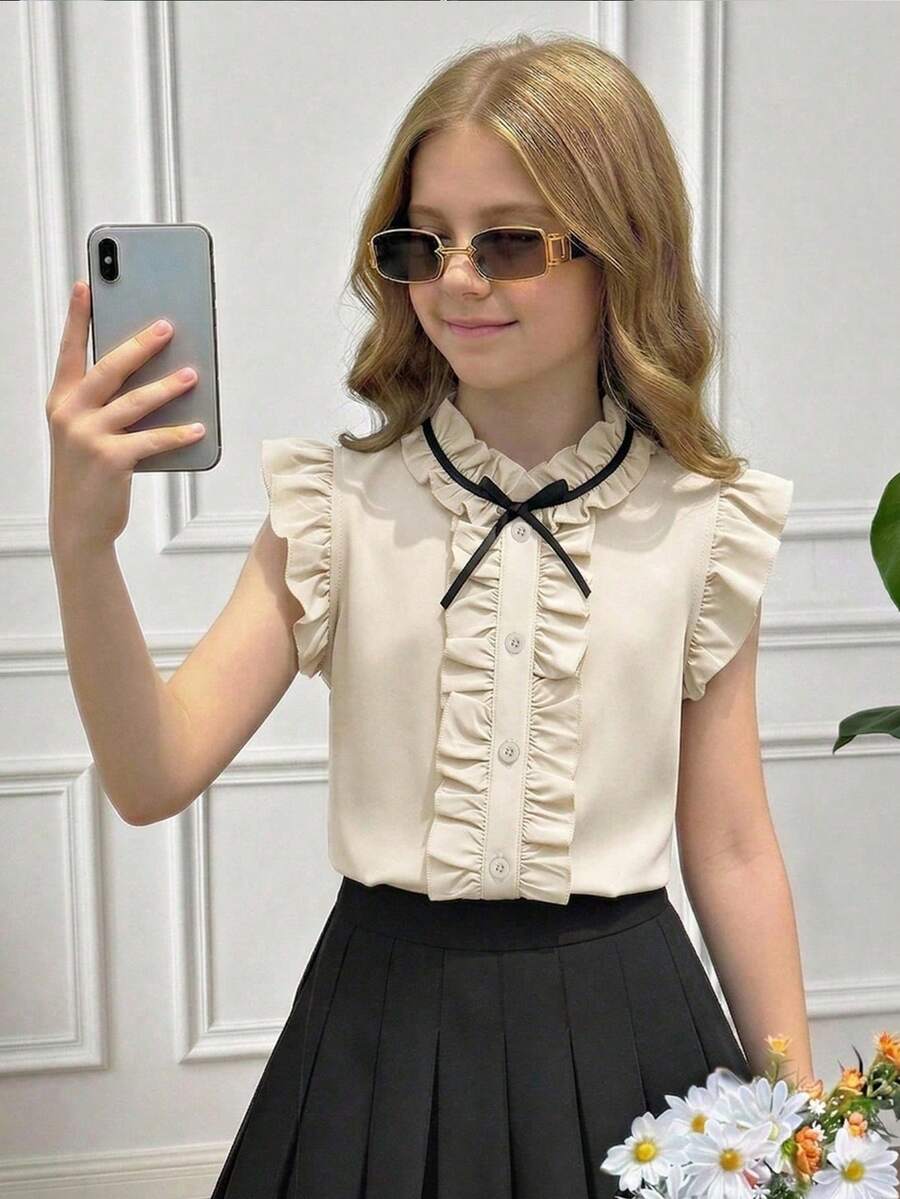 Elladie kids 少女春夏休闲优雅通勤甜美圆领无袖荷叶边复古风衬衫,纯色衬衫 - 杏色 - 查看 1