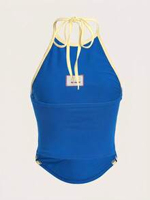SHEIN ICON Bikercore 字母刺繡對比包邊掛脖夏季上衣 - 藍色 - 查看 2