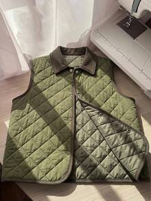 FRIFUL Women's Autumn Colorblock Diamond Quilted Padded Vest Jacket - Green - View 9