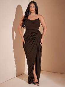 SHEIN BAE CURVE Plus Size Women Black Long Slit Elegant Dress - Brown - View 6