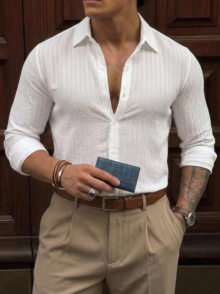 Manfinity CasualCool Men's Casual Versatile Solid Color Shirt - White - View 1