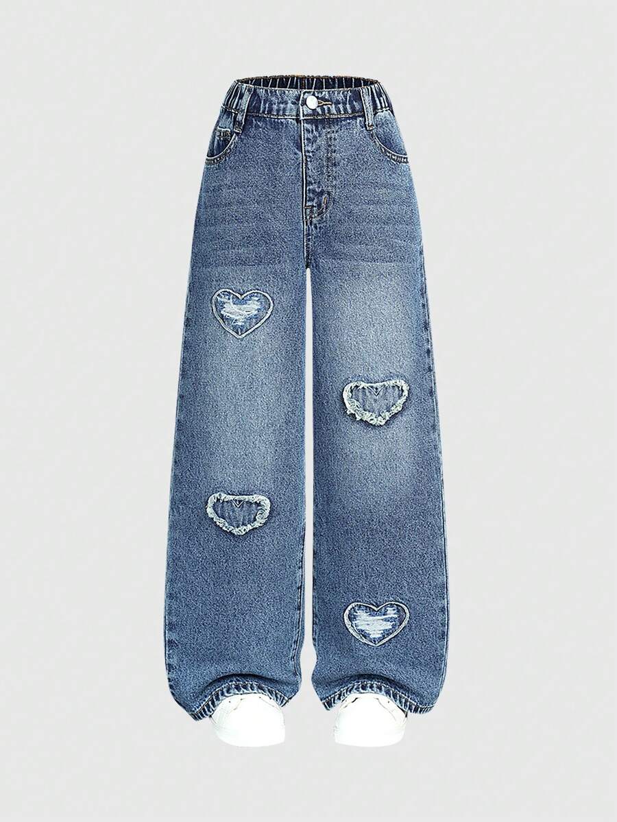 SHEIN Elladie kids Denimly 春夏女童心形刺繡破洞直筒寬鬆時尚休閒可愛百搭牛仔褲，丹寧藍，適合假期與校園