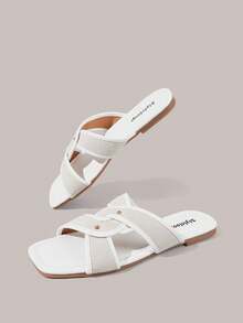 Styleloop Women Shoes Multi-Colored Canvas Splicing Square Toe Flat Bottom Cross Sandals, Simple Casual Style, Suitable For Daily Commuting, Vacation Travel - White - View 4
