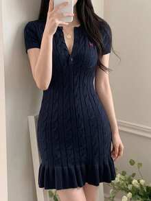 DAZY Pattern Embroidered Fitted Ruffle Trim Short Sleeve Dress Casual Vacation Old Money Elegant Spring Autumn Women's Sweater Dress - Blue - View 6
