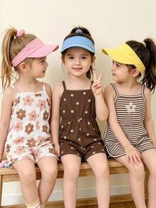 3pcs/Set Girls 4-7 Years Old Summer Casual Strappy Romper, Fashionable Vintage Floral Print & Striped Sleeveless Jumpsuit, Soft Comfortable Slightly Stretchy Fabric, Cute Bohemian Earth Tone Outfit For Beach Vacation, Park And Daily Wear - Multicolor - View 2