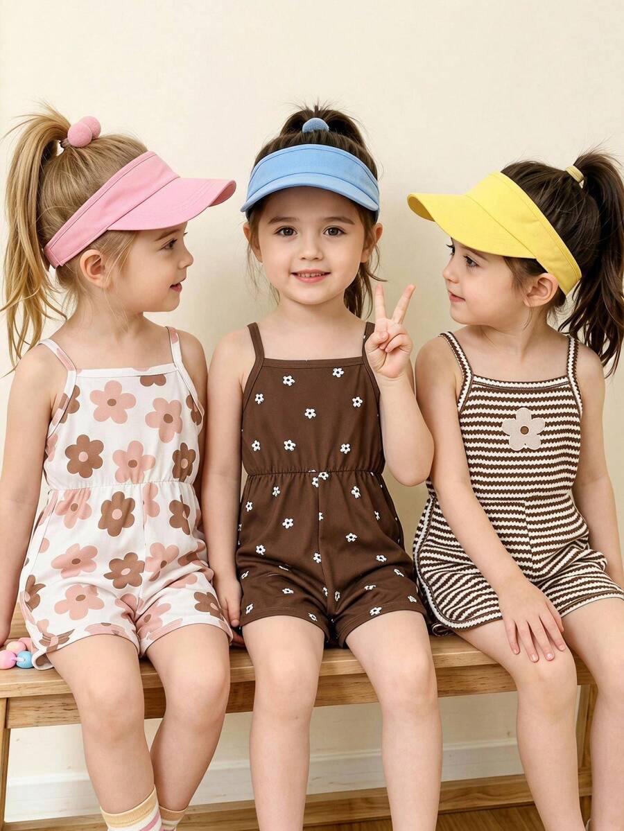 3pcs/Set Girls 4-7 Years Old Summer Casual Strappy Romper, Fashionable Vintage Floral Print & Striped Sleeveless Jumpsuit, Soft Comfortable Slightly Stretchy Fabric, Cute Bohemian Earth Tone Outfit For Beach Vacation, Park And Daily Wear