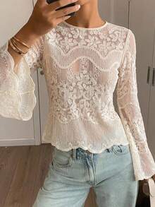 DAZY Elegant French Lace Detailed Round Neck Top For Women - Apricot - View 11