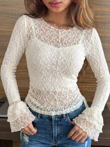 FRIFUL Women's Fitted Round Neck All-Over Lace Tight Top With Multi-Layered Ruffle Cuffs - Black - View 9