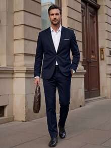 Manfinity Mode Men Single Button Blazer & Formal Suit Pants Formal, Ceremony - Blue - View 3